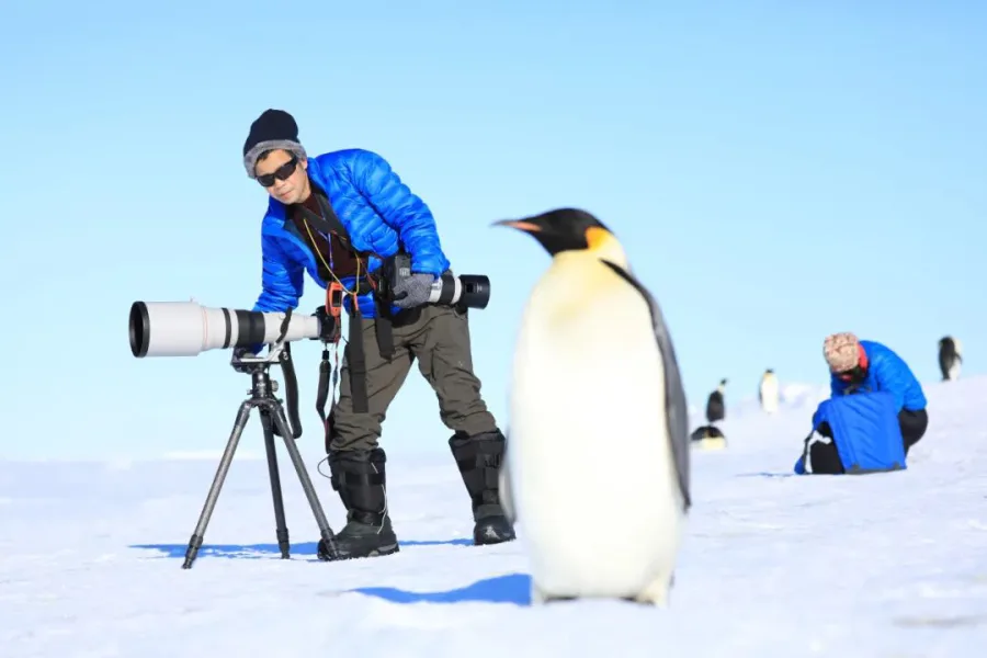 Danny Du photographing penguins in Antarctica