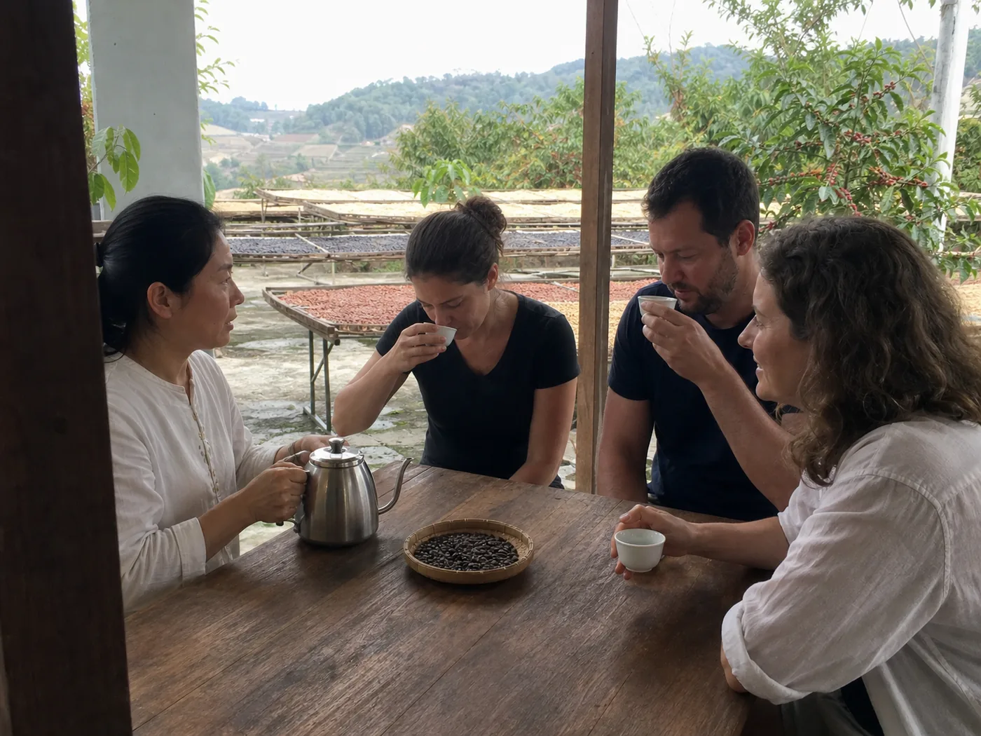 Joy Traveller guests tasting tea with a local host